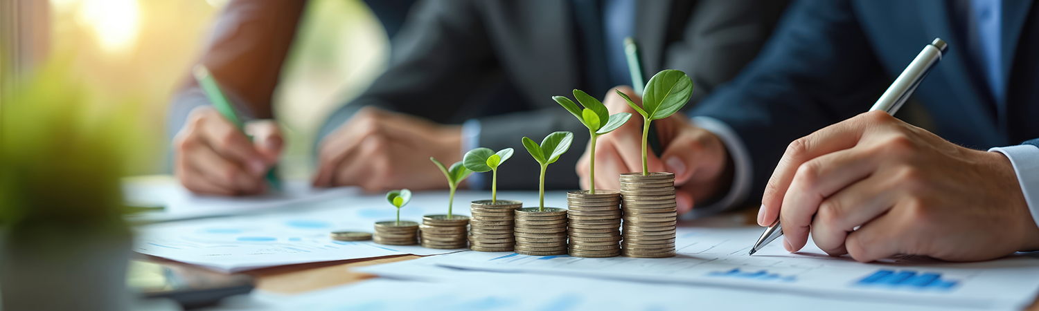 documents on a desk with growing stack of coins and plant coming out of each one with business people in background
